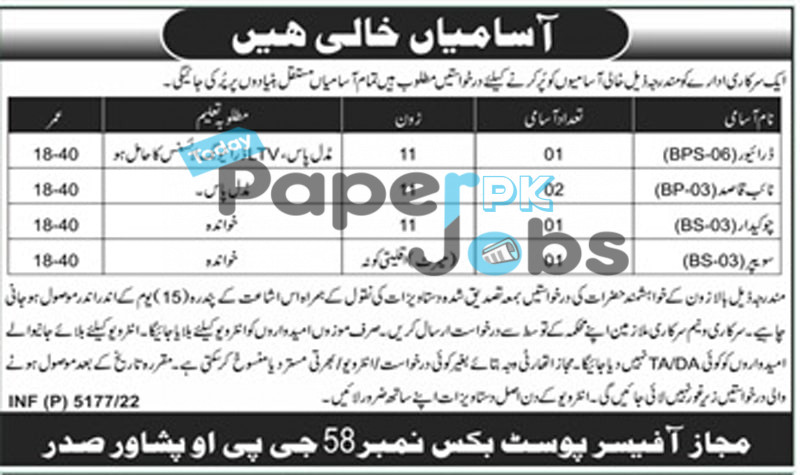 Government Organization KPK Jobs 2022 PO Box 58 GPO Peshawar